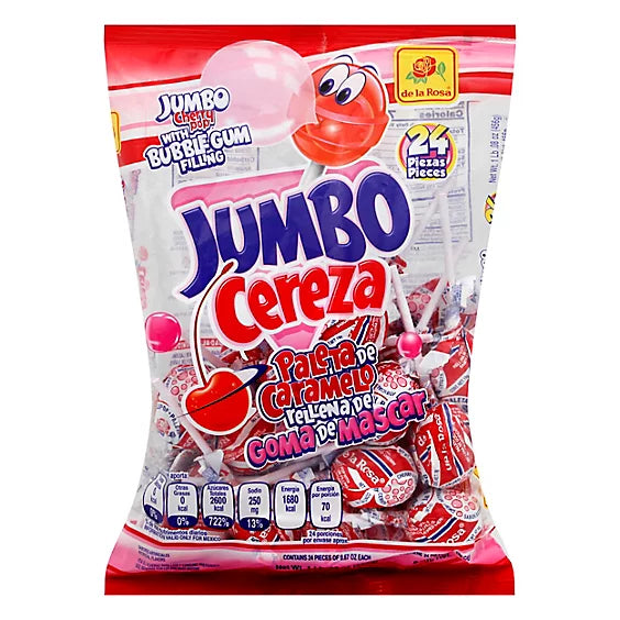De La Rosa Lollipop Jumbo Cherry With Bubble Gum Filling Bag - 24 Count