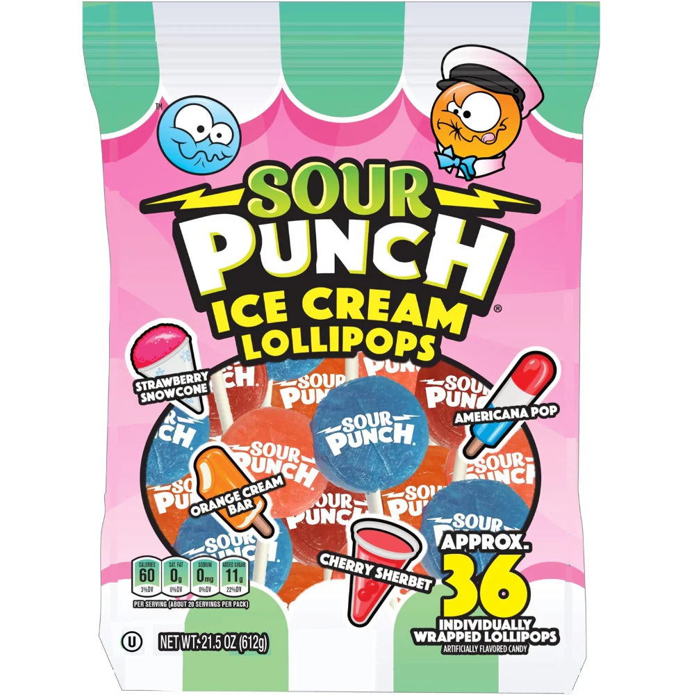 Sour Punch® Ice Cream Truck Lollipops – Assorted Fruit Flavors, Sour Candy with Chewy Gum Centers, 24.5 oz Bag, 110 Individually Wrapped Lollipops