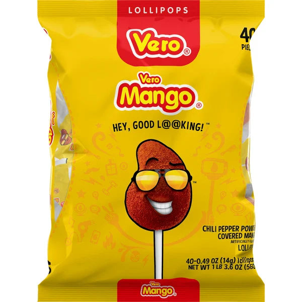 Vero Mango Lollipops – Sweet and Spicy Mexican Candy, 40-Piece Bag of Individually Wrapped Lollipops