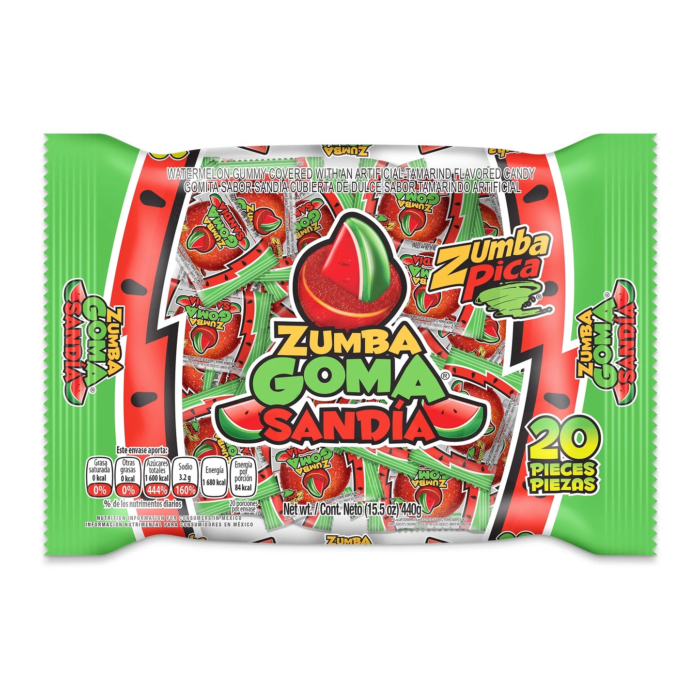Zumba Pica Goma Sandia Gummy Candy, Mexican Tamarind and Watermelon Candy, 20 Ct