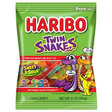 HARIBO Twin Snakes Original Sweet and Sour Assorted Fruit Flavor Gummies, 4 oz, Share Size Bag
