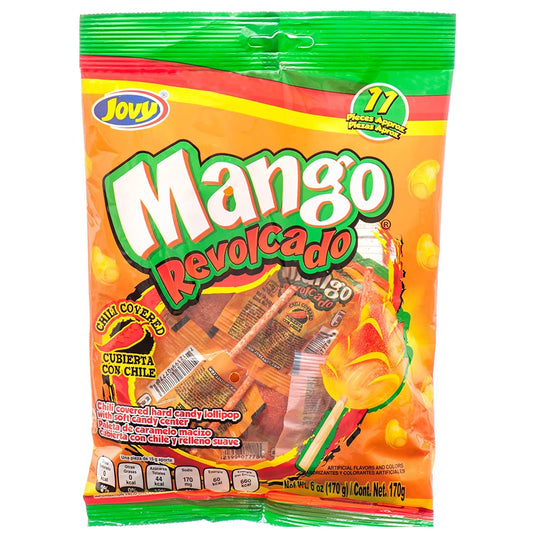 Jovy Revolcado Mango Flavor – Sweet and Spicy Chili Coated Lollipops, Traditional Mexican Candy, 6 oz (170g) Bag, Individually Wrapped